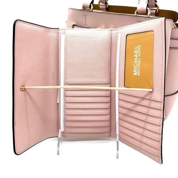 Michael Kors Reed Small Satchel Crossbody Bag & Large Trifold Wallet Light Pink - Picture 13 of 15